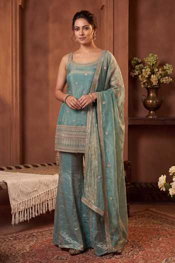 Khwaab By Sanjana Lakhani Blue Silk Scoop Neck, Yes Sleeveless Kurta Palazzo Set Online at Aza Fashions Khwaab By Sanjana Lakhani_Blue Silk Scoop Neck, Yes Sleeveless Kurta Palazzo Set _Online_at_Aza_Fashions