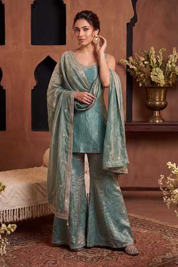 Buy Khwaab By Sanjana Lakhani Blue Silk Scoop Neck, Yes Sleeveless Kurta Palazzo Set Online at Aza Fashions Buy_Khwaab By Sanjana Lakhani_Blue Silk Scoop Neck, Yes Sleeveless Kurta Palazzo Set _Online_at_Aza_Fashions