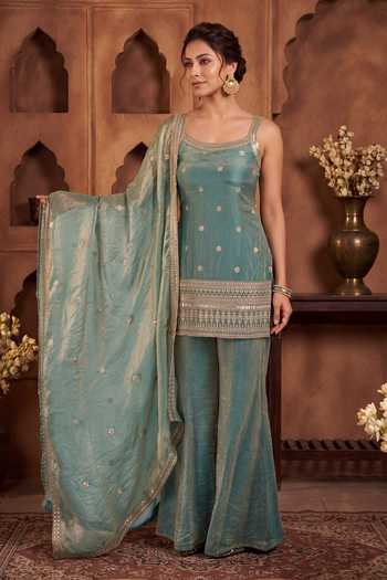 Shop Khwaab By Sanjana Lakhani Blue Silk Scoop Neck, Yes Sleeveless Kurta Palazzo Set Online at Aza Fashions Shop_Khwaab By Sanjana Lakhani_Blue Silk Scoop Neck, Yes Sleeveless Kurta Palazzo Set _Online_at_Aza_Fashions
