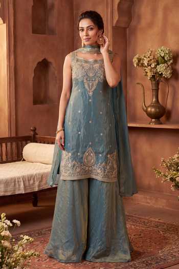 Khwaab By Sanjana Lakhani Sky Blue Silk Square Neck, Yes Embroidered Kurta Sharara Set Online at Aza Fashions Khwaab By Sanjana Lakhani_Sky Blue Silk Square Neck, Yes Embroidered Kurta Sharara Set _Online_at_Aza_Fashions