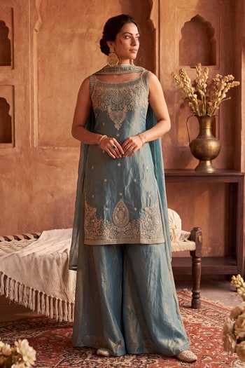 Buy Khwaab By Sanjana Lakhani Sky Blue Silk Square Neck, Yes Embroidered Kurta Sharara Set Online at Aza Fashions Buy_Khwaab By Sanjana Lakhani_Sky Blue Silk Square Neck, Yes Embroidered Kurta Sharara Set _Online_at_Aza_Fashions