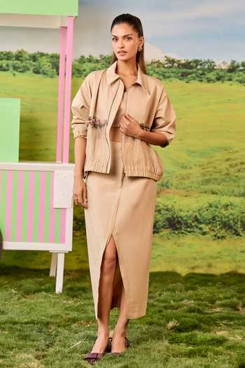 Parul And Preyanka Beige Bomber Jacket 