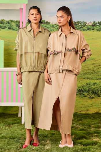 Parul And Preyanka_Beige Silk, Cotton, Organza Collared Neck Bomber Jacket _Online_at_Aza_Fashions