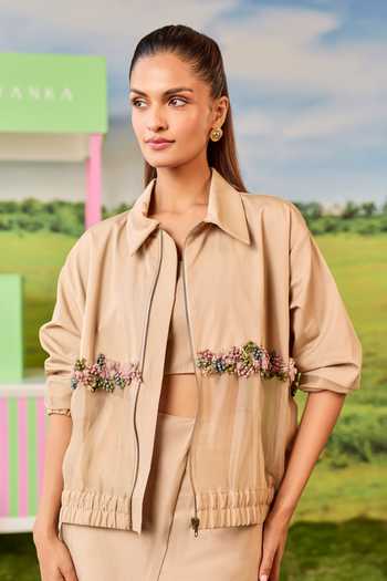 Parul And Preyanka Beige Bomber Jacket 