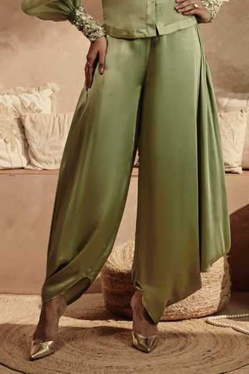 Buy Babita M Green Silk Pearls Button-down Neck Auralis Cuff Embroidered Shirt And Pant Set Buy_Babita M_Green Silk Pearls Button-down Neck Auralis Cuff Embroidered Shirt And Pant Set