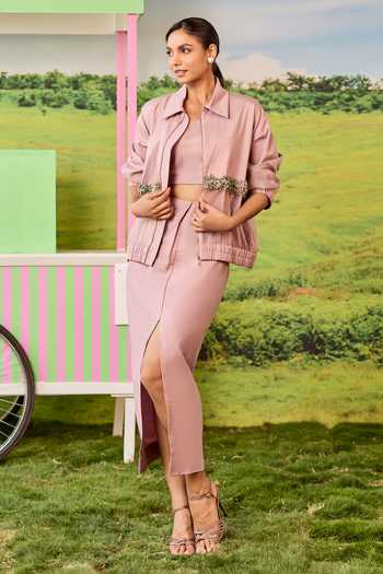 Parul And Preyanka Juno Rosewood Bomber Jacket & Skirt Set 