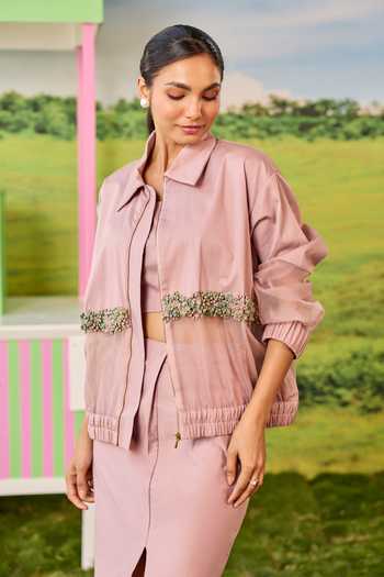 Buy_Parul And Preyanka_Pink Silk, Cotton, Organza Collared Neck Juno Rosewood Bomber Jacket And Skirt Set _Online_at_Aza_Fashions