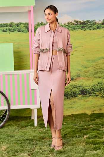 Shop_Parul And Preyanka_Pink Silk, Cotton, Organza Collared Neck Juno Rosewood Bomber Jacket And Skirt Set _Online_at_Aza_Fashions