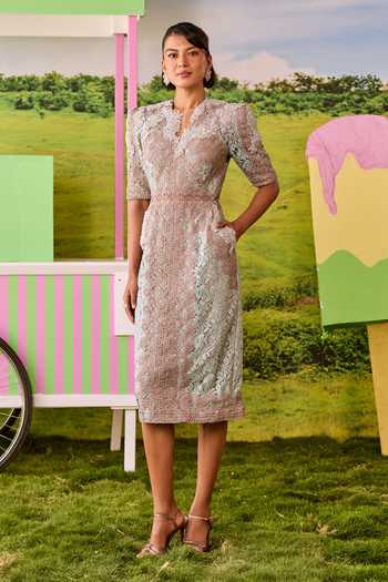 Buy_Parul And Preyanka_Blue Lace, Net Notched Neck Blaire Straight Dress _Online_at_Aza_Fashions