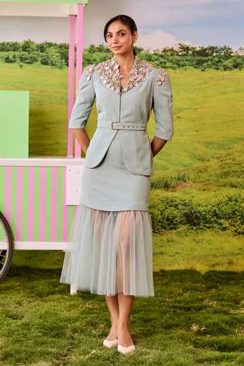 Parul And Preyanka Coco Powder Blue Peplum Jacket & Skirt Set 