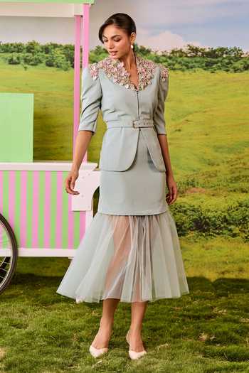 Parul And Preyanka_Blue Crepe, Net Coco Powder Peplum Jacket And Skirt Set _Online_at_Aza_Fashions