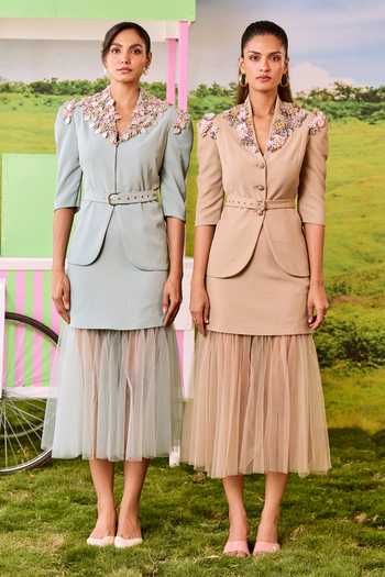 Buy_Parul And Preyanka_Blue Crepe, Net Coco Powder Peplum Jacket And Skirt Set _Online_at_Aza_Fashions
