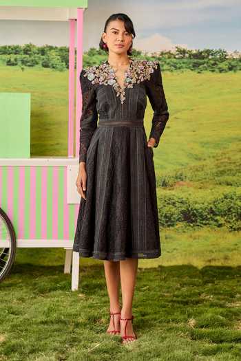 Buy_Parul And Preyanka_Black Net, Lace Blaire A-line Dress _Online_at_Aza_Fashions