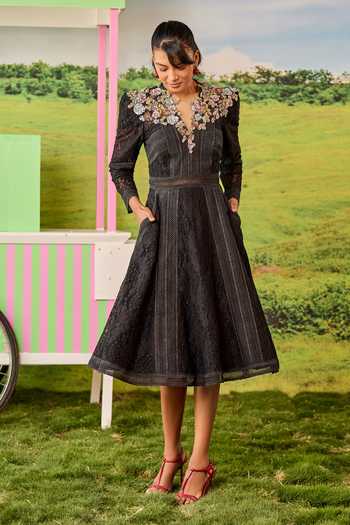 Shop_Parul And Preyanka_Black Net, Lace Blaire A-line Dress _Online_at_Aza_Fashions
