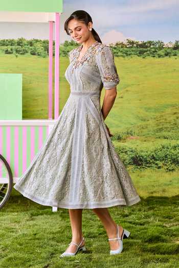 Shop_Parul And Preyanka_Blue Net, Lace V-neck Blaire Teal A-line Dress _Online_at_Aza_Fashions