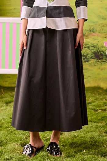 Parul And Preyanka_Black Silk, Cotton, Organza Round Neck Kiki Striped Shirt And A-line Skirt Set _Online_at_Aza_Fashions