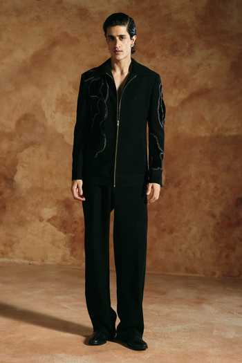 Shop_Aman Takyar_Black Lycra Embroidered Zipper Jacket _Online_at_Aza_Fashions