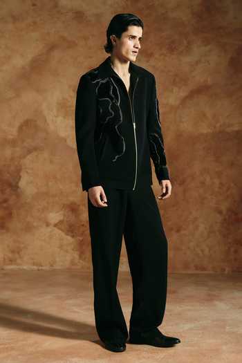 Aman Takyar_Black Lycra Embroidered Zipper Jacket _at_Aza_Fashions