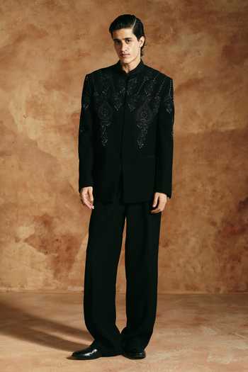 Aman Takyar_Black Lycra Embroidery Tonal Bandhgala And Pant Set _Online_at_Aza_Fashions