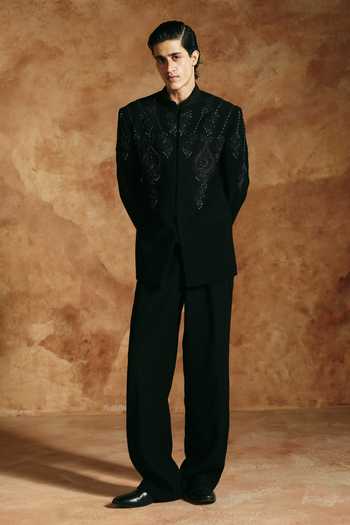 Buy_Aman Takyar_Black Lycra Embroidery Tonal Bandhgala And Pant Set _Online_at_Aza_Fashions