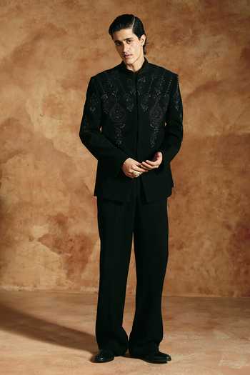 Shop_Aman Takyar_Black Lycra Embroidery Tonal Bandhgala And Pant Set _Online_at_Aza_Fashions