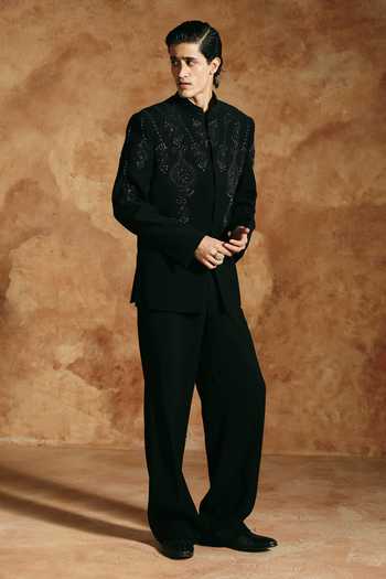 Aman Takyar_Black Lycra Embroidery Tonal Bandhgala And Pant Set _at_Aza_Fashions