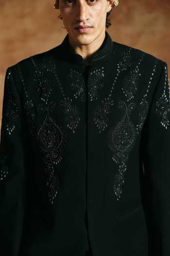 Buy_Aman Takyar_Black Lycra Embroidery Tonal Bandhgala And Pant Set 