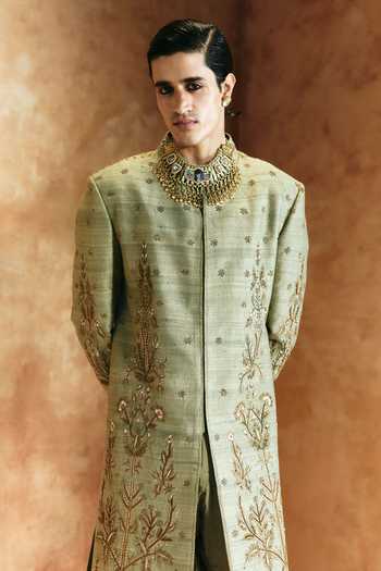 Aman Takyar_Green Dupion, Raw Silk Thread Embroidered Sherwani Set _Online_at_Aza_Fashions