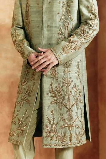 Buy_Aman Takyar_Green Dupion, Raw Silk Thread Embroidered Sherwani Set _Online_at_Aza_Fashions