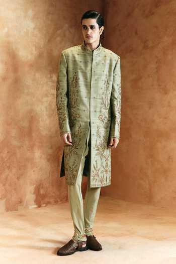 Shop_Aman Takyar_Green Dupion, Raw Silk Thread Embroidered Sherwani Set _Online_at_Aza_Fashions
