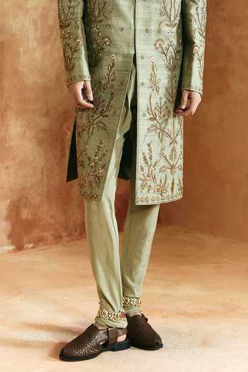 Aman Takyar_Green Dupion, Raw Silk Thread Embroidered Sherwani Set _at_Aza_Fashions