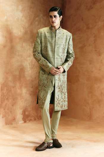 Buy_Aman Takyar_Green Dupion, Raw Silk Thread Embroidered Sherwani Set 