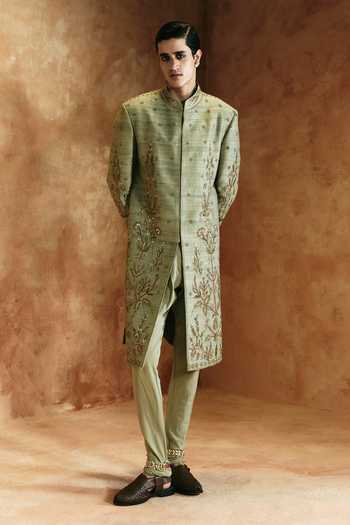 Shop_Aman Takyar_Green Dupion, Raw Silk Thread Embroidered Sherwani Set 