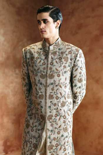 Buy Aman Takyar Green Dupion, Raw , Floral Embroidered Sherwani And Churidar Set Online at Aza Fashions Buy_Aman Takyar_Green Dupion, Raw , Floral Embroidered Sherwani And Churidar Set _Online_at_Aza_Fashions