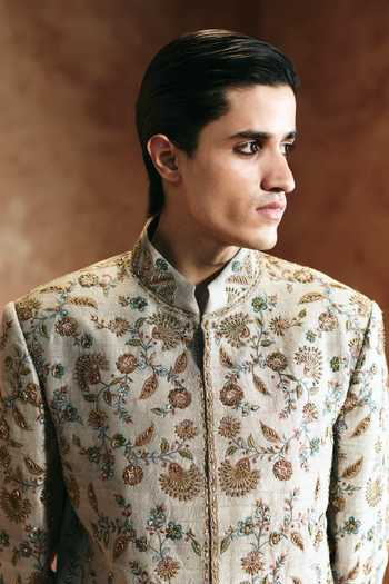 Shop Aman Takyar Green Dupion, Raw , Floral Embroidered Sherwani And Churidar Set Online at Aza Fashions Shop_Aman Takyar_Green Dupion, Raw , Floral Embroidered Sherwani And Churidar Set _Online_at_Aza_Fashions