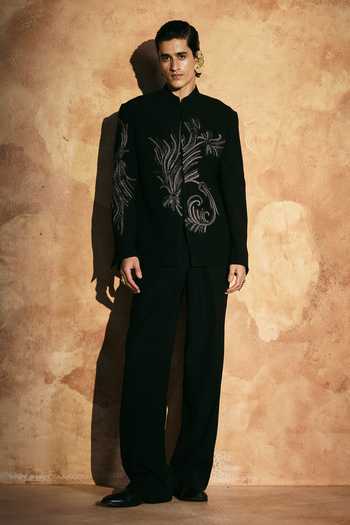 Aman Takyar Black Lycra Beads Thread Embroidered Bandhgala And Pant Set Online at Aza Fashions Aman Takyar_Black Lycra Beads Thread Embroidered Bandhgala And Pant Set _Online_at_Aza_Fashions