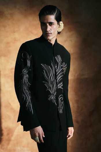 Shop Aman Takyar Black Lycra Beads Thread Embroidered Bandhgala And Pant Set Online at Aza Fashions Shop_Aman Takyar_Black Lycra Beads Thread Embroidered Bandhgala And Pant Set _Online_at_Aza_Fashions
