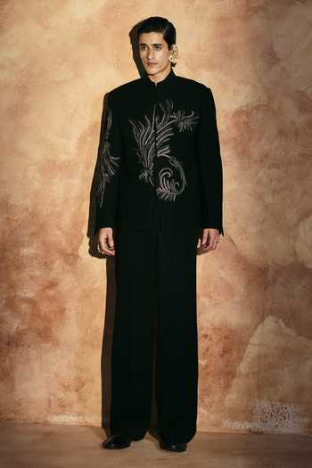 Aman Takyar Black Lycra Beads Thread Embroidered Bandhgala And Pant Set at Aza Fashions Aman Takyar_Black Lycra Beads Thread Embroidered Bandhgala And Pant Set _at_Aza_Fashions