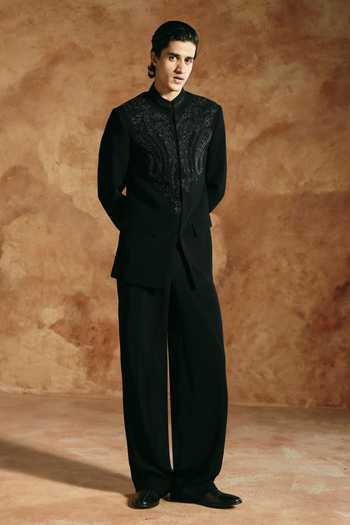 Aman Takyar Black Lycra Beads, Metallic Thread Tonal Embroidered Bandhgala Set Online at Aza Fashions Aman Takyar_Black Lycra Beads, Metallic Thread Tonal Embroidered Bandhgala Set _Online_at_Aza_Fashions