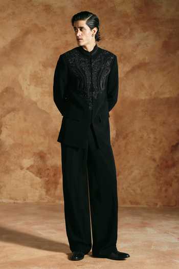 Buy Aman Takyar Black Lycra Beads, Metallic Thread Tonal Embroidered Bandhgala Set Online at Aza Fashions Buy_Aman Takyar_Black Lycra Beads, Metallic Thread Tonal Embroidered Bandhgala Set _Online_at_Aza_Fashions