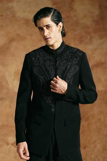 Aman Takyar Black Lycra Beads, Metallic Thread Tonal Embroidered Bandhgala Set at Aza Fashions Aman Takyar_Black Lycra Beads, Metallic Thread Tonal Embroidered Bandhgala Set _at_Aza_Fashions