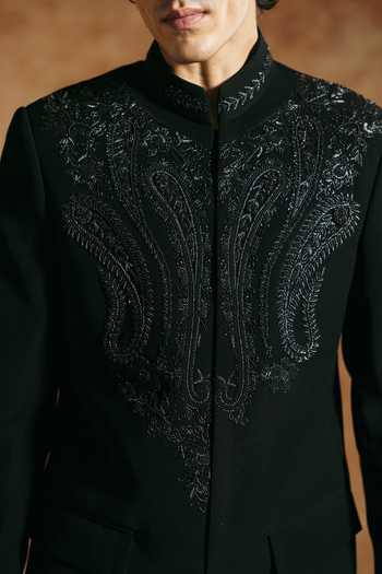 Buy Aman Takyar Black Lycra Beads, Metallic Thread Tonal Embroidered Bandhgala Set Buy_Aman Takyar_Black Lycra Beads, Metallic Thread Tonal Embroidered Bandhgala Set