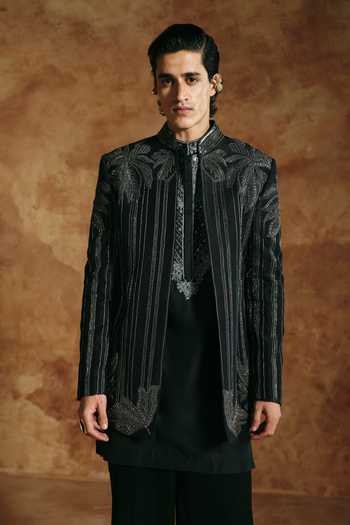 Aman Takyar Black Lycra Thread Embroidered Jacket at Aza Fashions Aman Takyar_Black Lycra Thread Embroidered Jacket _at_Aza_Fashions