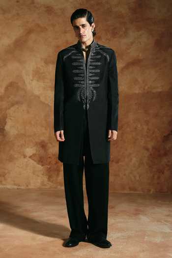 Buy Aman Takyar Black Silk, Dupion Embroidered Sherwani And Pant Set Online at Aza Fashions Buy_Aman Takyar_Black Silk, Dupion Embroidered Sherwani And Pant Set _Online_at_Aza_Fashions