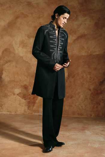 Shop Aman Takyar Black Silk, Dupion Embroidered Sherwani And Pant Set Online at Aza Fashions Shop_Aman Takyar_Black Silk, Dupion Embroidered Sherwani And Pant Set _Online_at_Aza_Fashions