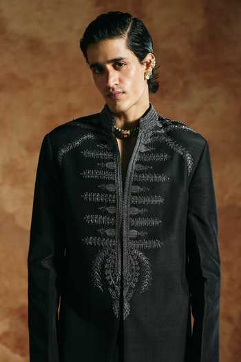 Aman Takyar Black Silk, Dupion Embroidered Sherwani And Pant Set at Aza Fashions Aman Takyar_Black Silk, Dupion Embroidered Sherwani And Pant Set _at_Aza_Fashions