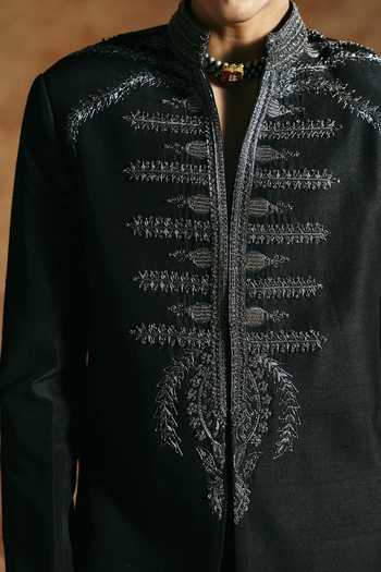 Buy Aman Takyar Black Silk, Dupion Embroidered Sherwani And Pant Set Buy_Aman Takyar_Black Silk, Dupion Embroidered Sherwani And Pant Set