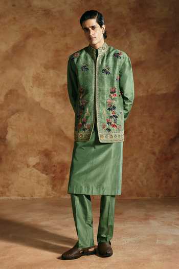 Aman Takyar Green Dupion, Raw , Embroidered Nehru Jacket And Kurta Set Online at Aza Fashions Aman Takyar_Green Dupion, Raw , Embroidered Nehru Jacket And Kurta Set _Online_at_Aza_Fashions