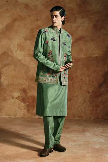 Buy Aman Takyar Green Dupion, Raw , Embroidered Nehru Jacket And Kurta Set Online at Aza Fashions Buy_Aman Takyar_Green Dupion, Raw , Embroidered Nehru Jacket And Kurta Set _Online_at_Aza_Fashions