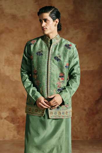 Shop Aman Takyar Green Dupion, Raw , Embroidered Nehru Jacket And Kurta Set Online at Aza Fashions Shop_Aman Takyar_Green Dupion, Raw , Embroidered Nehru Jacket And Kurta Set _Online_at_Aza_Fashions
